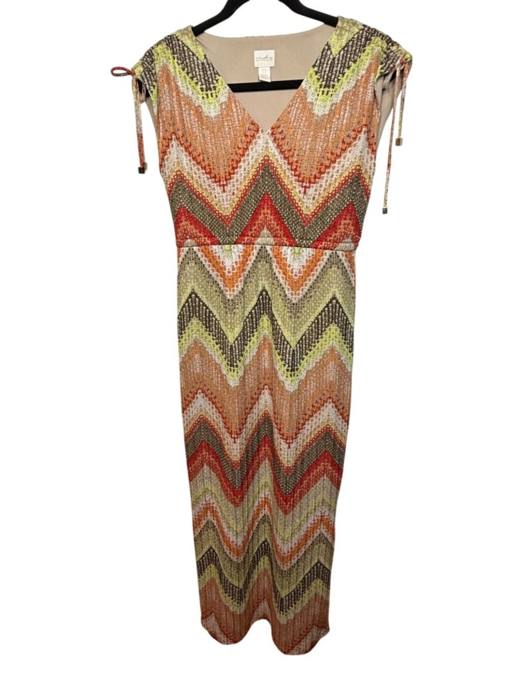 Chicos Maxi Dress Womens 0 Small Chevron Multicolor V Neck Boho Sleeveless